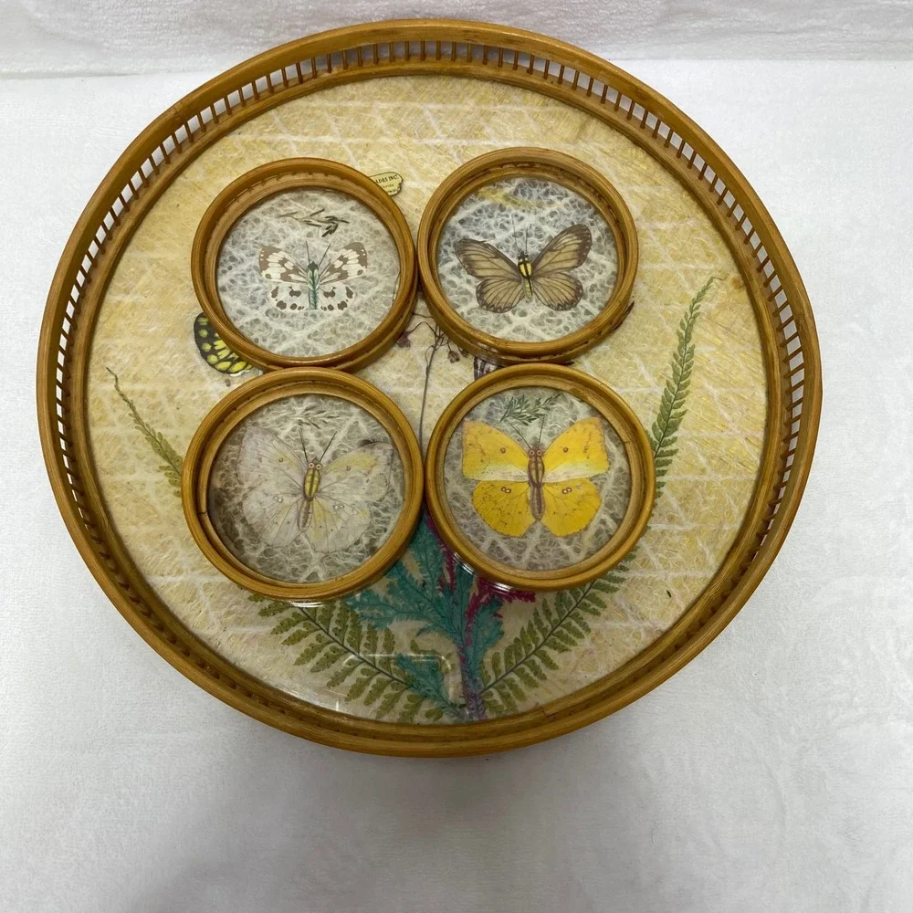 Everglades Vintage Butterfly Bamboo‎ Tray 4 Coasters Set Home Decor Cottagecore